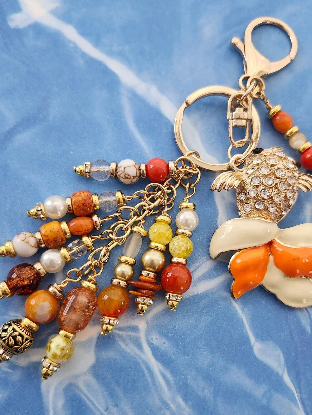 Goldfish Fantail Purse Charm Rhinestone Fire Agate Jasper Handcrafted